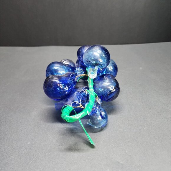 Vintage Handblown Art Glass Grapes Cluster Cobalt Blue with Leaf - Picture 2 of 7
